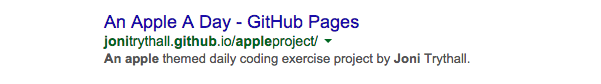 Screenshot of Google search results reflecting set metadata of An Apple A Day site