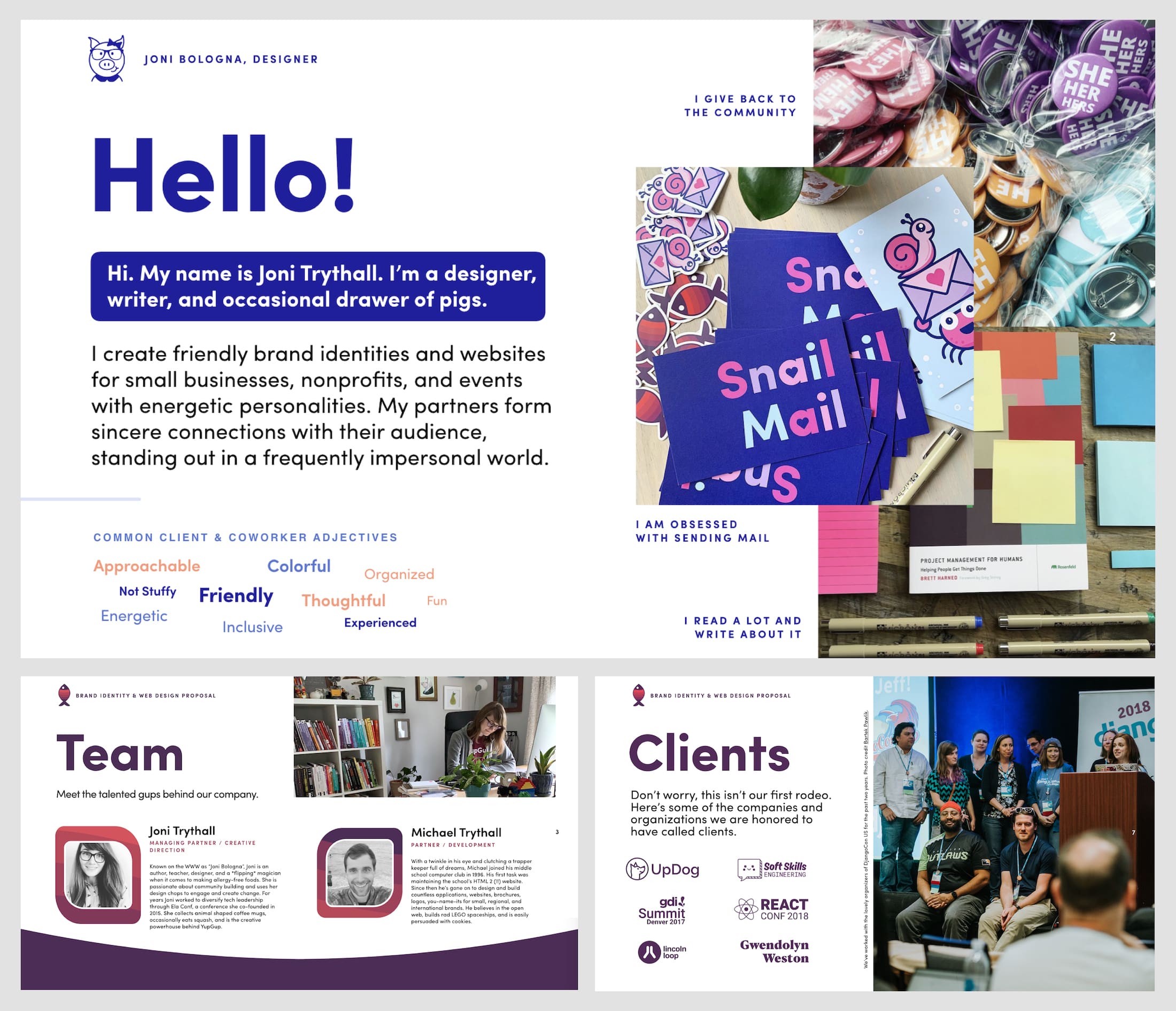 Preview slides of personal bio and the YupGup team bios as well as a list of clients