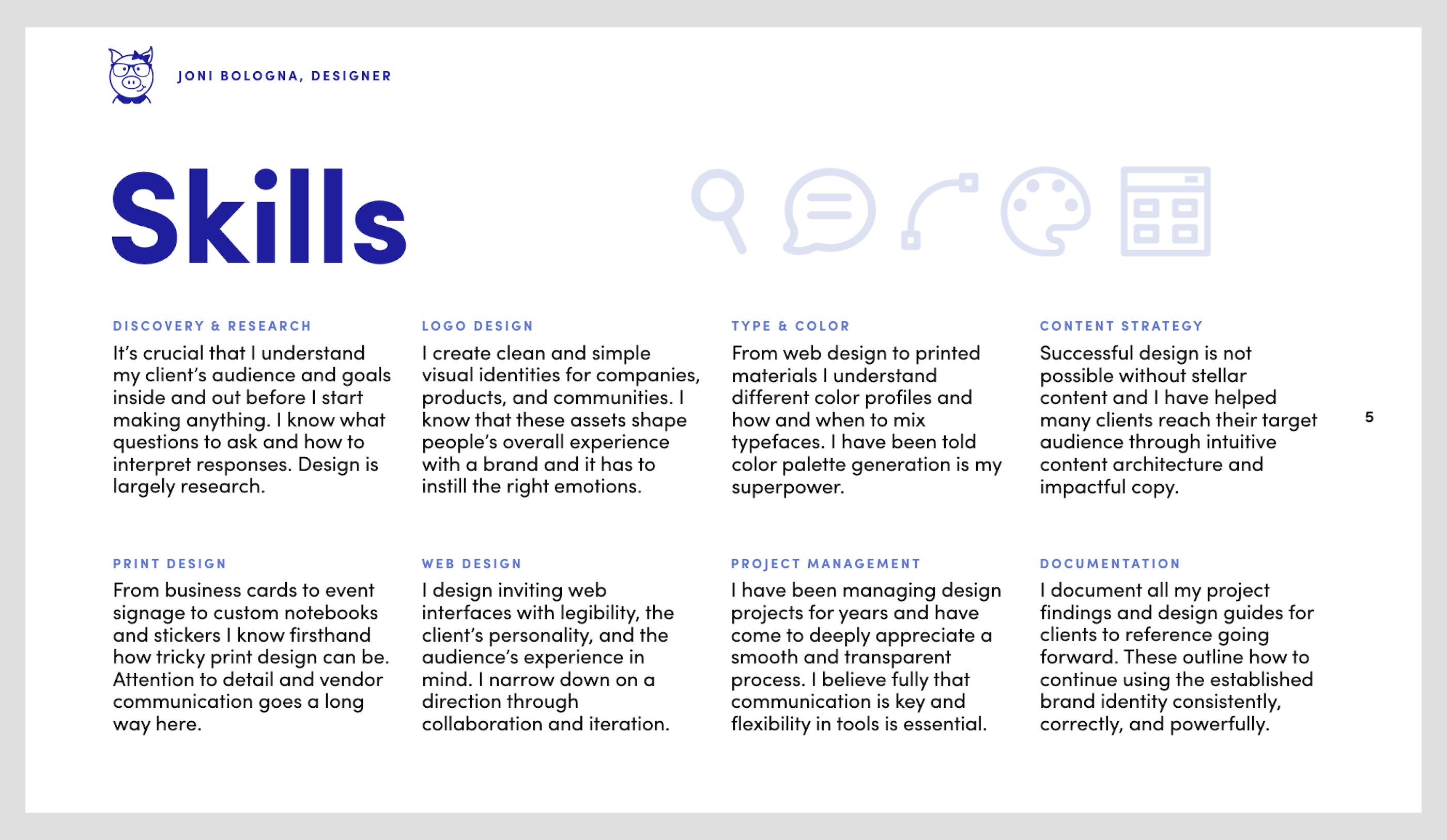 Preview of a list of design skills with brief descriptions, including web design, logo design, color selection, and more