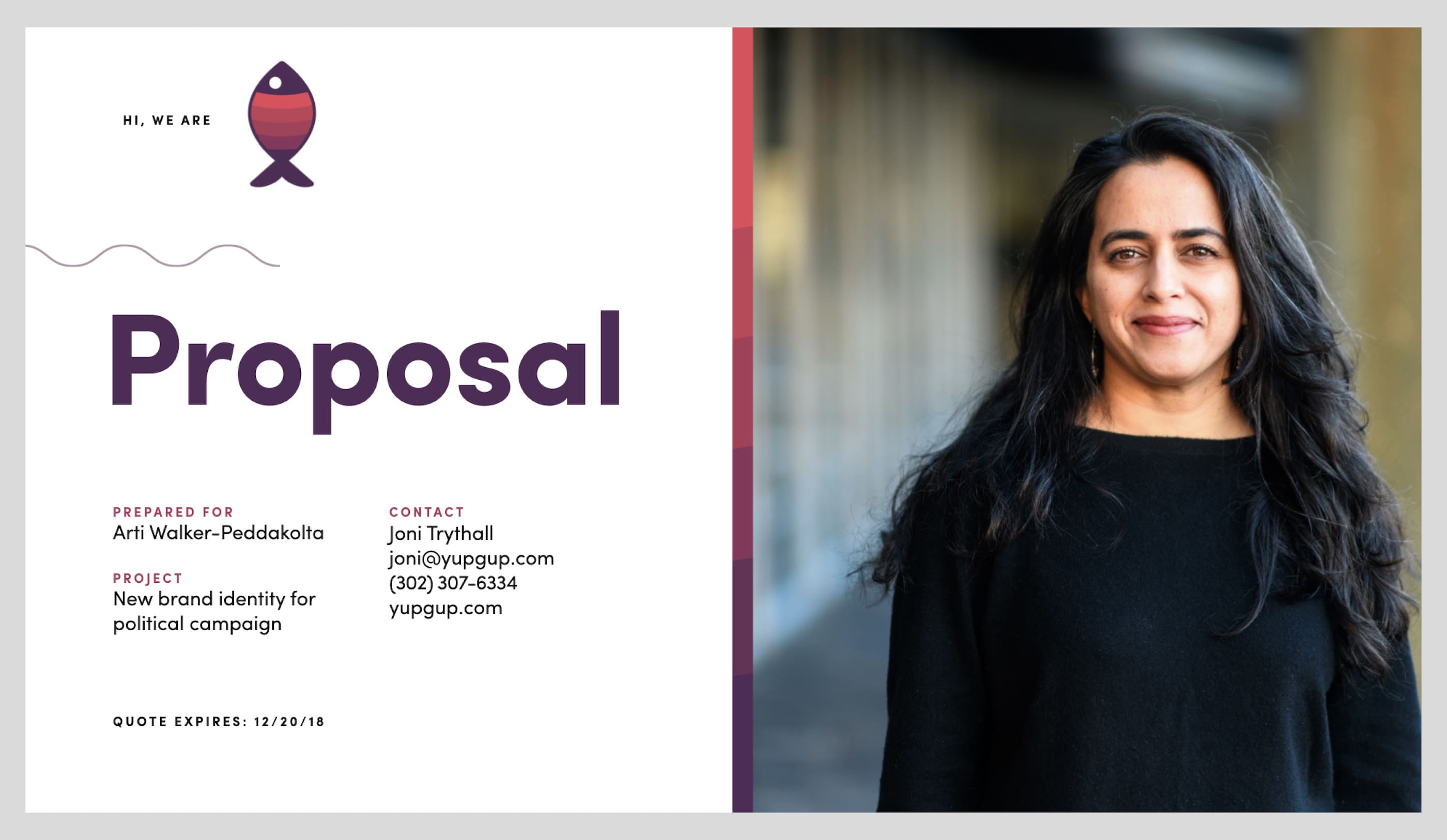 Preview of a client project proposal title page with client photo